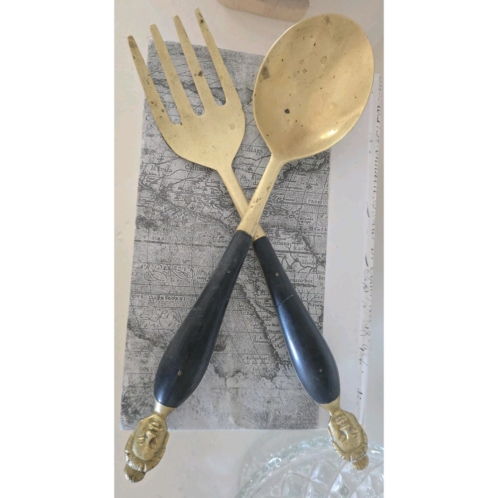 Antique Asian Woman - Brass & Teak Wood‎ Service Spoon & Fork - SZ L 12"  #378